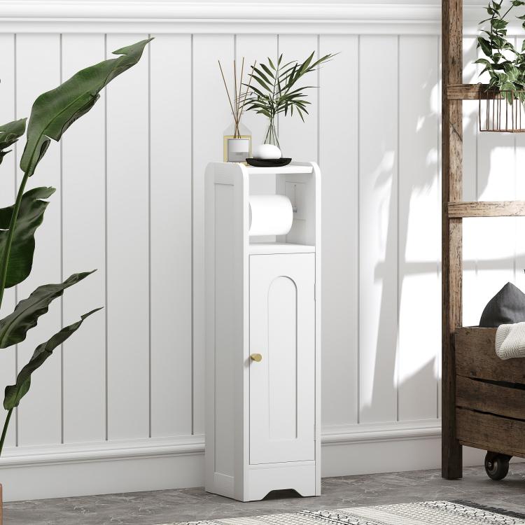 Small Bathroom Storage Cabinet with Toilet Roll Holder - White