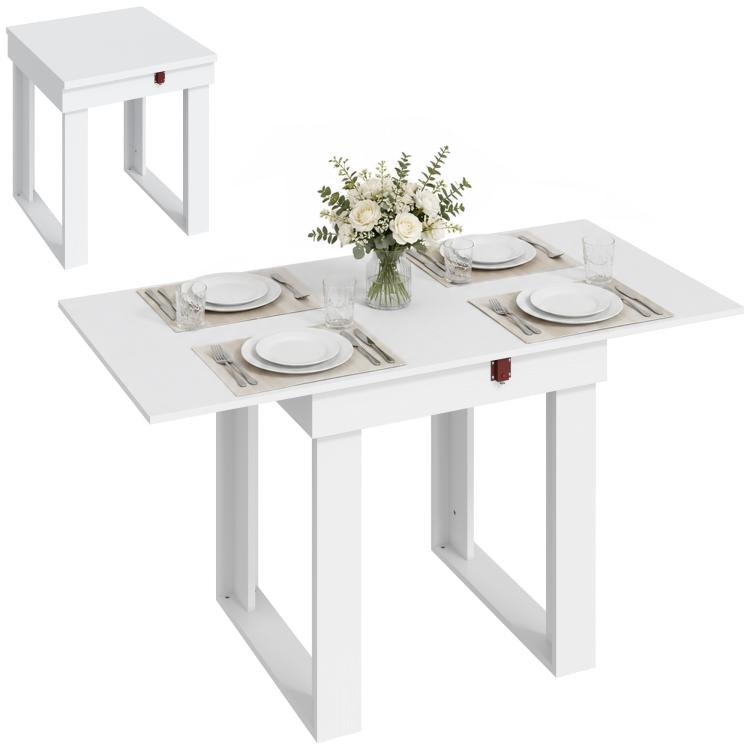 Folding Dining Table Under-Table Storage Extendable Kitchen Table Steel Rail White