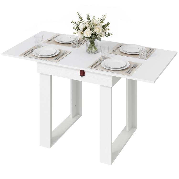 Folding Dining Table Under-Table Storage Extendable Kitchen Table Steel Rail White