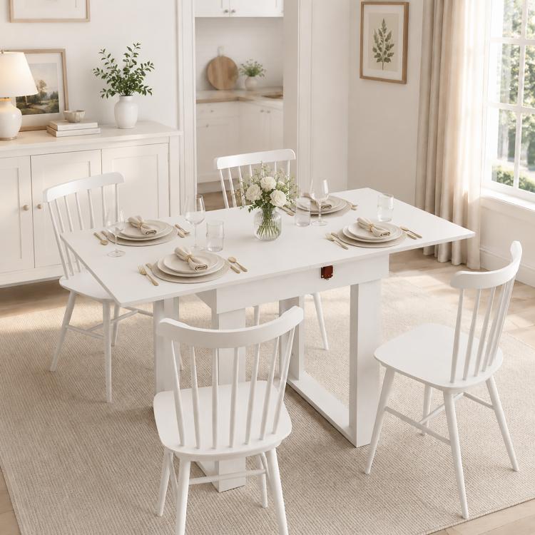 Folding Dining Table Under-Table Storage Extendable Kitchen Table Steel Rail White