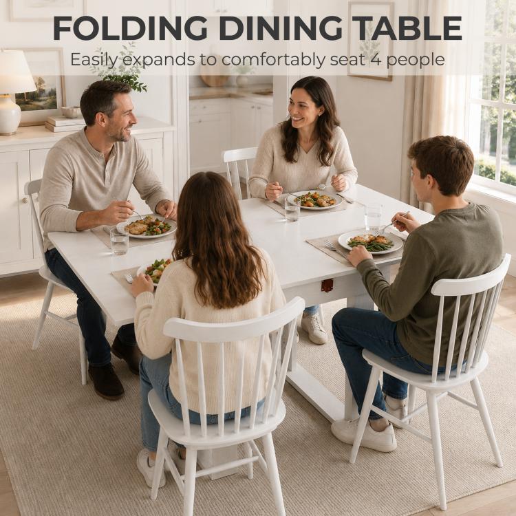 Folding Dining Table Under-Table Storage Extendable Kitchen Table Steel Rail White