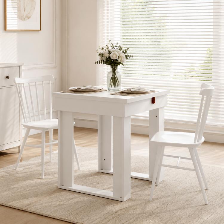Folding Dining Table Under-Table Storage Extendable Kitchen Table Steel Rail White
