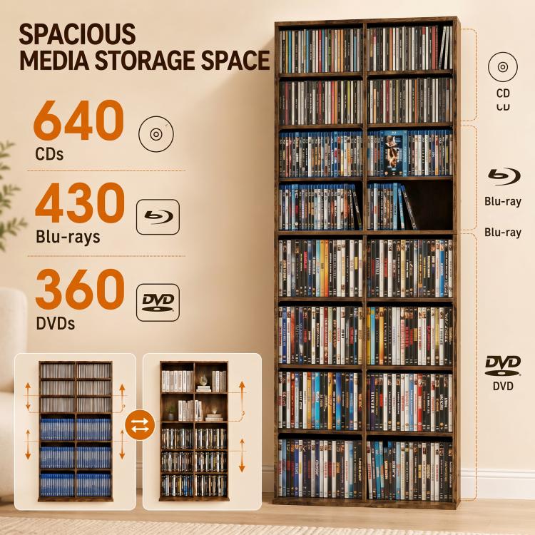 640 CD/360 DVD Storage Unit 18 Compartments CD Tower Rustic Brown