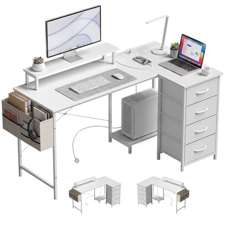 Reversible L Shaped Desk with Drawers USB Ports 150 x 80 cm White