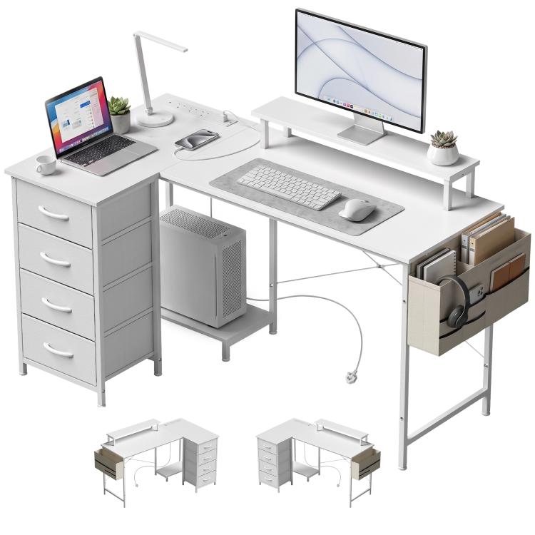 Reversible L Shaped Desk with Drawers USB Ports 150 x 80 cm White