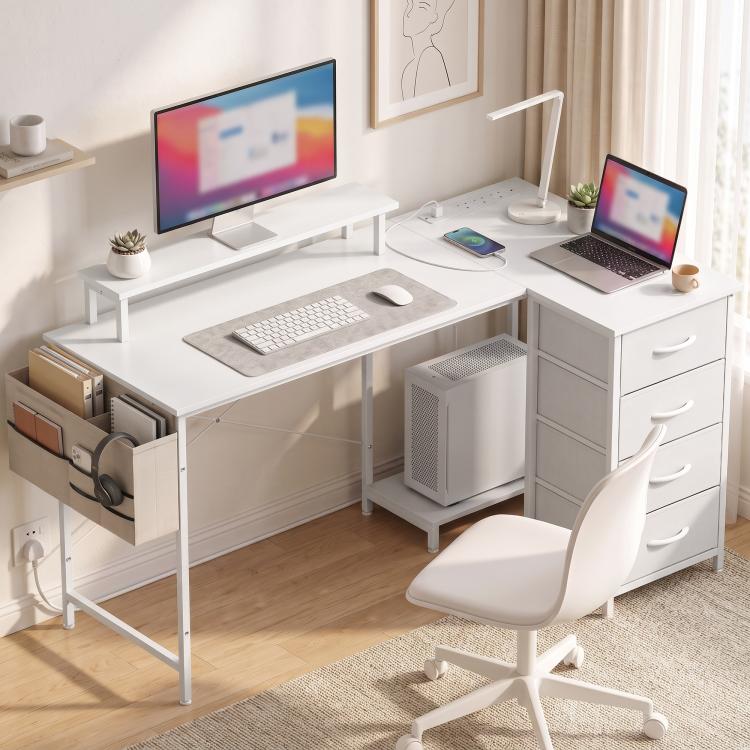 Reversible L Shaped Desk with Drawers USB Ports 150 x 80 cm White