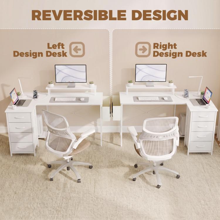 Reversible L Shaped Desk with Drawers USB Ports 150 x 80 cm White