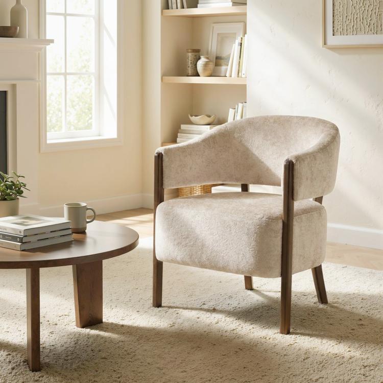 Accent Chair Chenille Upholstered Tub Chair Wide Seat Beige
