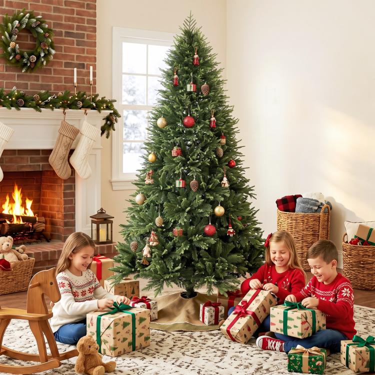 7ft Artificial Christmas Tree, Hinged Xmas Tree with Realistic 1071 PE & PVC Branch Tips, Fir Wood Base, Green