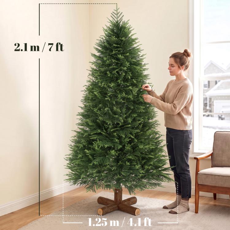 7ft Artificial Christmas Tree, Hinged Xmas Tree with Realistic 1071 PE & PVC Branch Tips, Fir Wood Base, Green