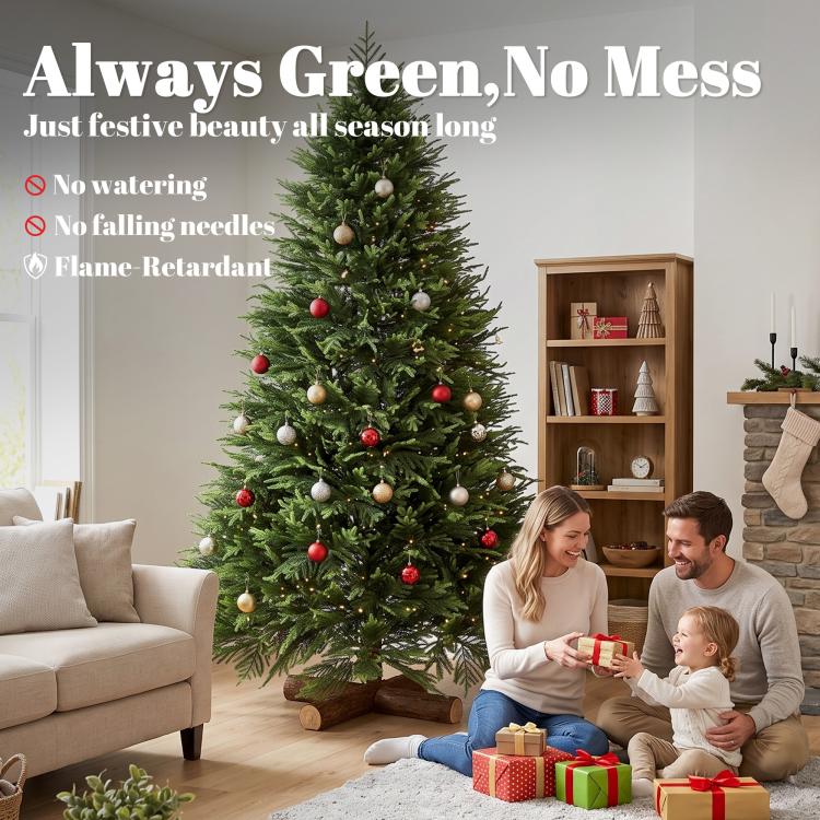 7ft Artificial Christmas Tree, Hinged Xmas Tree with Realistic 1071 PE & PVC Branch Tips, Fir Wood Base, Green