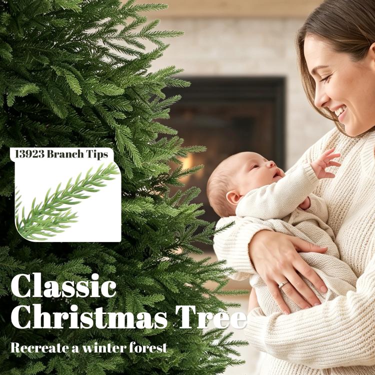 7ft Artificial Christmas Tree, Hinged Xmas Tree with Realistic 1071 PE & PVC Branch Tips, Fir Wood Base, Green