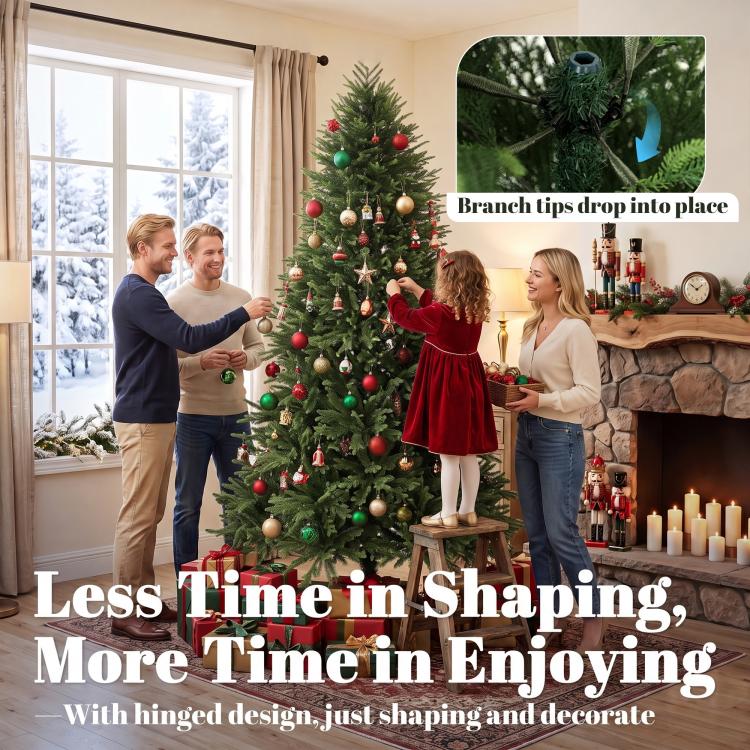7ft Artificial Christmas Tree, Hinged Xmas Tree with Realistic 1071 PE & PVC Branch Tips, Fir Wood Base, Green