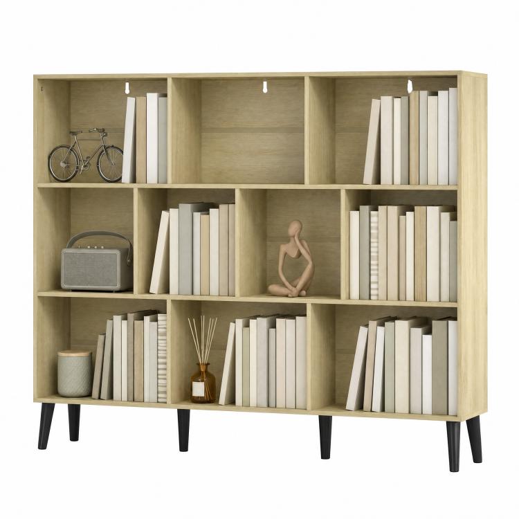 10-Cube Bookcase, 3-Tier Book Shelf with Solid Wood Legs, 140 cm Modern Bookshelf with Anti-Tip Kit, Oak