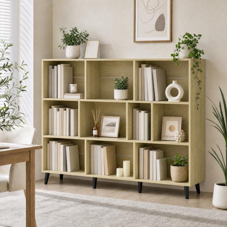 10-Cube Bookcase, 3-Tier Book Shelf with Solid Wood Legs, 140 cm Modern Bookshelf with Anti-Tip Kit, Oak