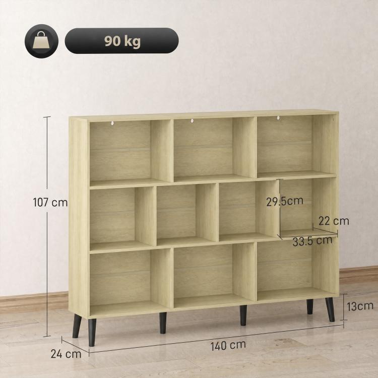 10-Cube Bookcase, 3-Tier Book Shelf with Solid Wood Legs, 140 cm Modern Bookshelf with Anti-Tip Kit, Oak