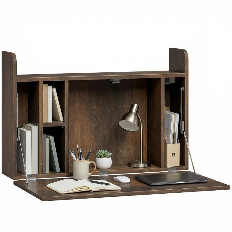 Wall Mounted Desk, Drop Leaf Floating Laptop Desk with Space Saving Storage Compartments for Home Office, Dark Brown