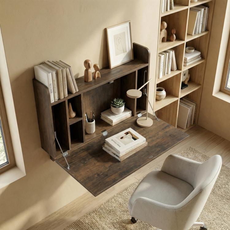 Wall Mounted Desk, Drop Leaf Floating Laptop Desk with Space Saving Storage Compartments for Home Office, Dark Brown