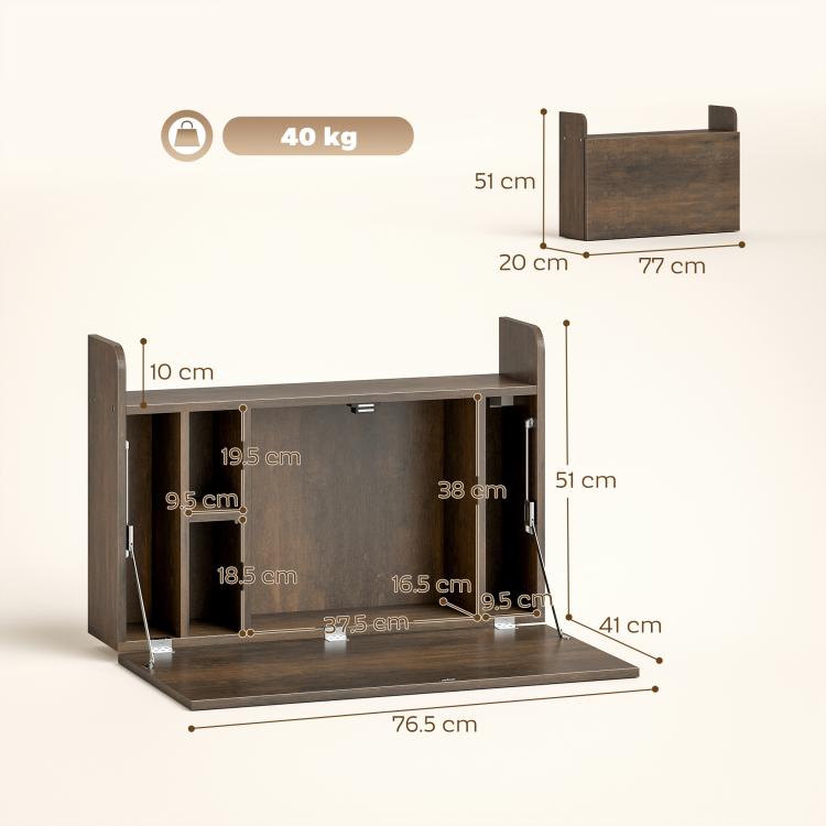 Wall Mounted Desk, Drop Leaf Floating Laptop Desk with Space Saving Storage Compartments for Home Office, Dark Brown
