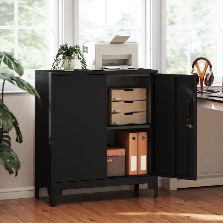 Lockable Metal Filing Cabinet, 2-Tier Storage Cupboard with Double Doors, Modern Office Organiser, Black