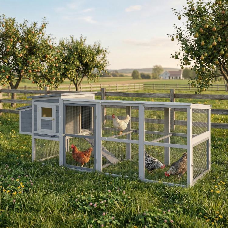 Large Chicken Coop, Wooden Hen House with Covered Run, Nesting Box, Pull-Out Tray, Opening Asphalt Roof