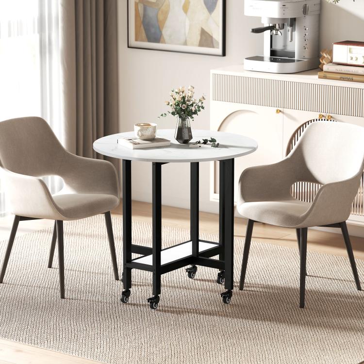 Folding Dining Table, Drop Leaf Table with Open Shelf, Rolling Kitchen Table for Dining Room, Small Spaces, White Marble