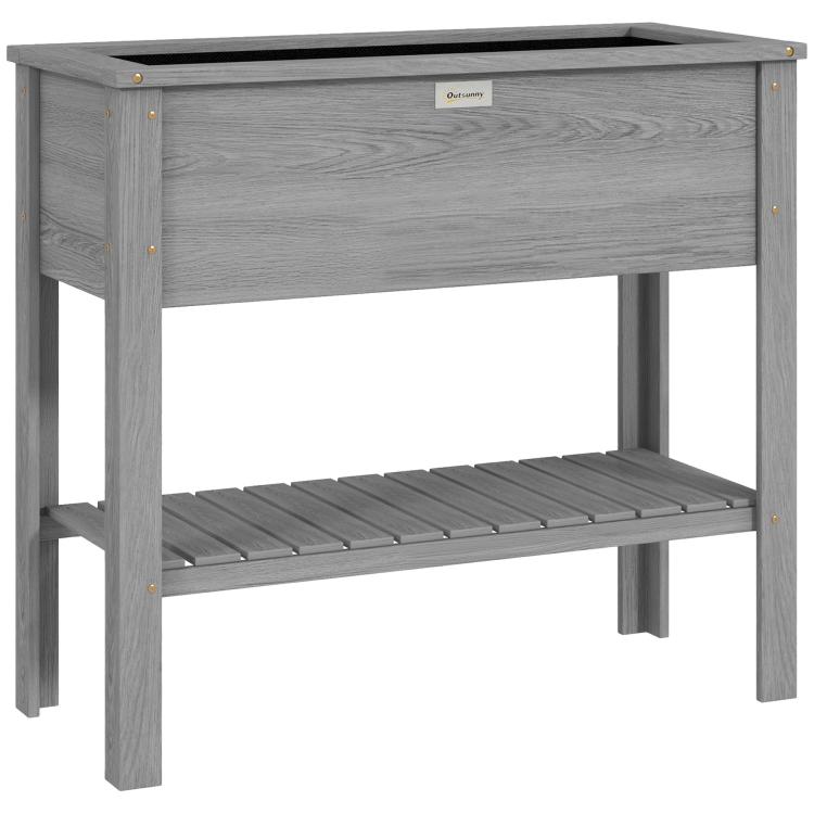 Wooden Raised Garden Bed, Elevated Planter Box with Storage Shelf and Drainage Holes, Raised Planter with Legs, Grey