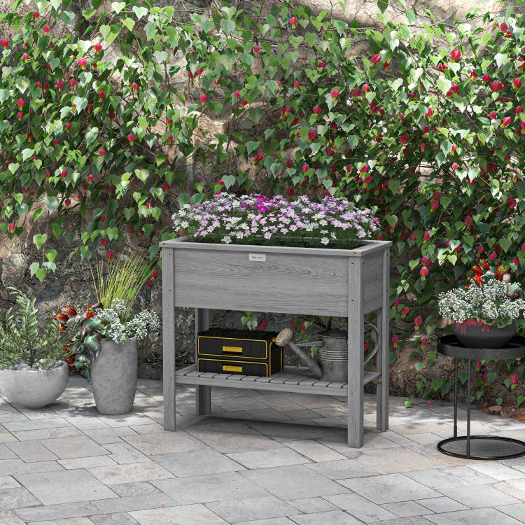 Wooden Raised Garden Bed, Elevated Planter Box with Storage Shelf and Drainage Holes, Raised Planter with Legs, Grey
