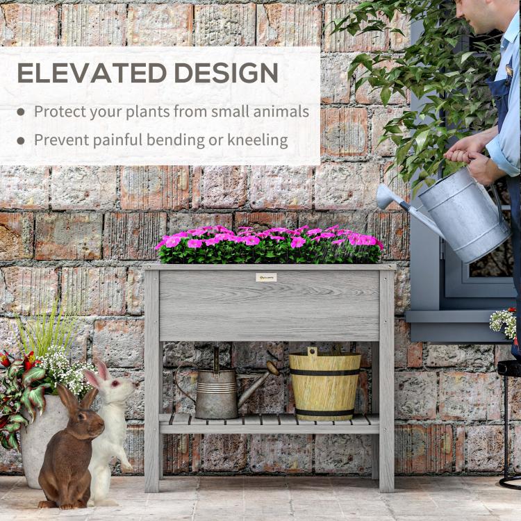 Wooden Raised Garden Bed, Elevated Planter Box with Storage Shelf and Drainage Holes, Raised Planter with Legs, Grey