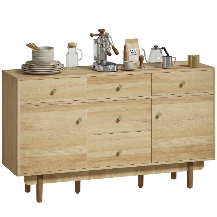 Sideboard with 5 Drawers and 2 Cabinets Buffet Cabinet with Solid Wood Legs 136 cm Walnut