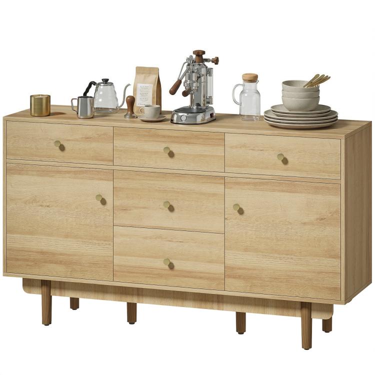 Sideboard with 5 Drawers and 2 Cabinets Buffet Cabinet with Solid Wood Legs 136 cm Walnut