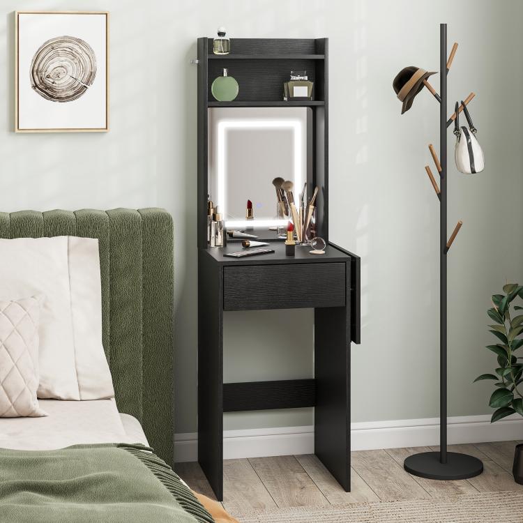 Small Vanity Desk with Mirror and LED Lights, Compact Dressing Table with Drop Leaf, Open Shelves and Drawer, Black