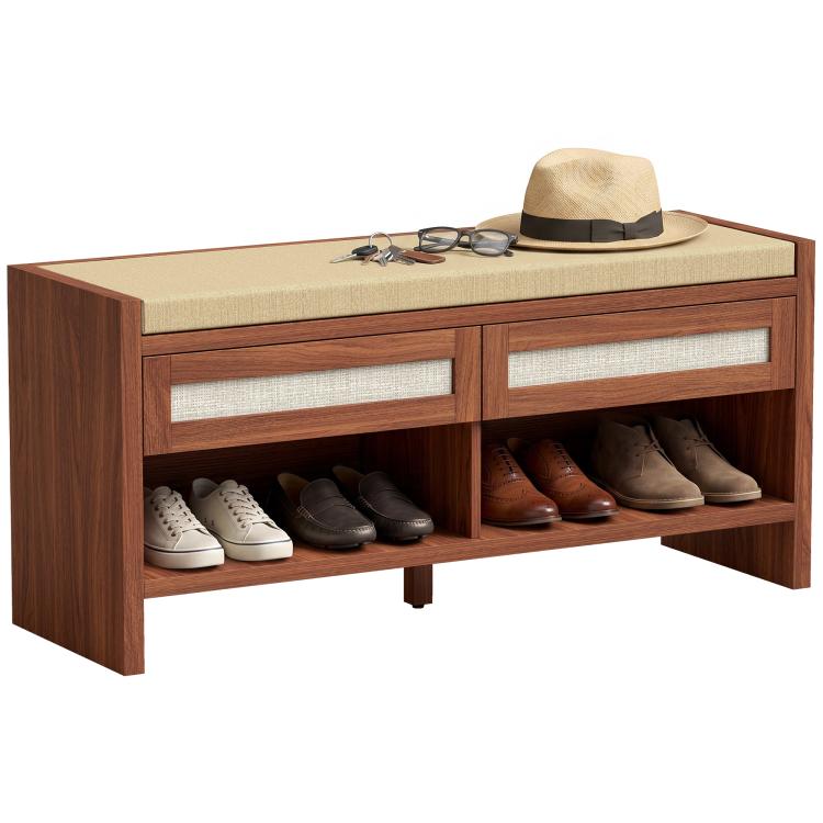 Boho Shoe Bench with 2 Rattan Drawers, Shoe Storage Bench with Cushioned Seat and Open Shelf Brown