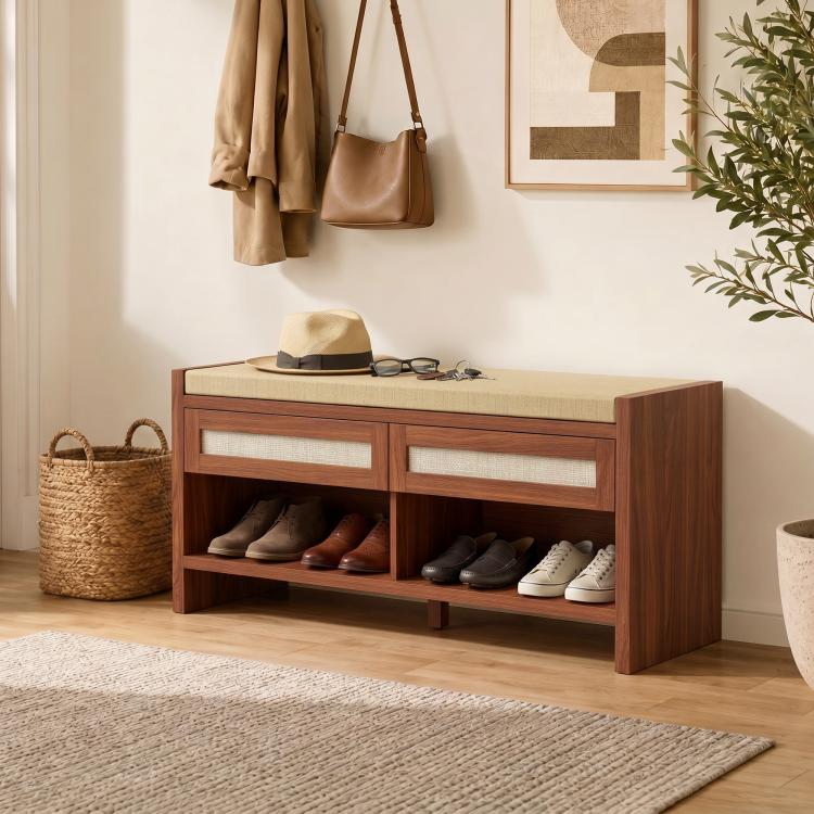 Boho Shoe Bench with 2 Rattan Drawers, Shoe Storage Bench with Cushioned Seat and Open Shelf Brown