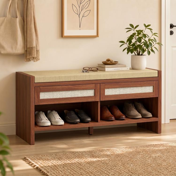 Boho Shoe Bench with 2 Rattan Drawers, Shoe Storage Bench with Cushioned Seat and Open Shelf Brown