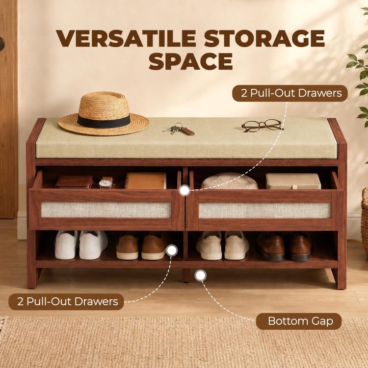 Boho Shoe Bench with 2 Rattan Drawers, Shoe Storage Bench with Cushioned Seat and Open Shelf Brown