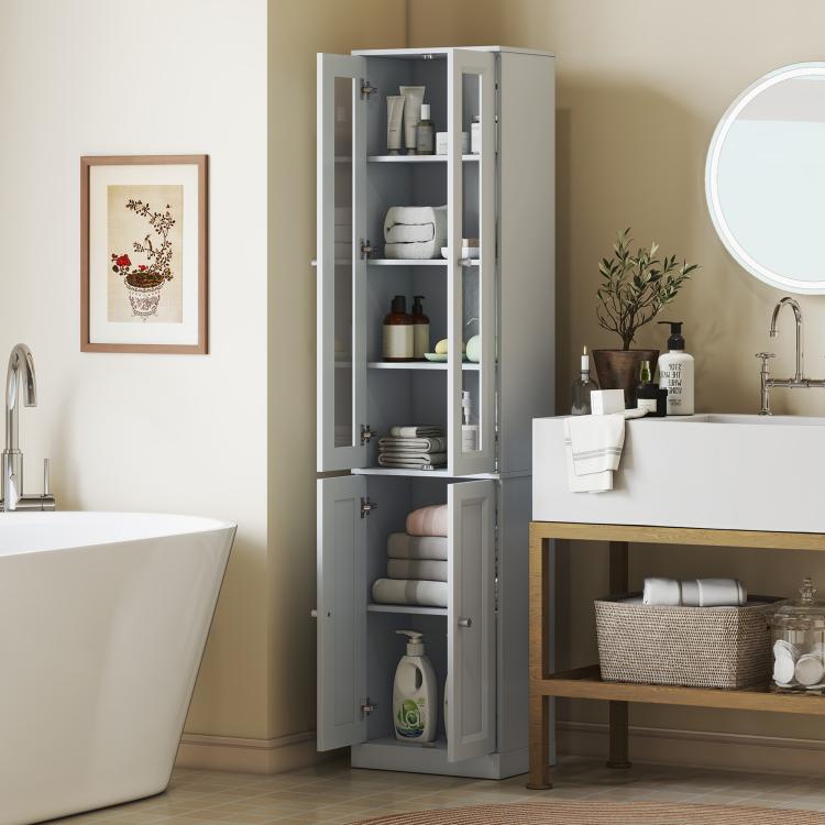 Tall Bathroom Storage Cabinet, 6-Tier Slim Bathroom Cabinet with Adjustable Shelf, 4 Soft-Close Doors, Dusty Blue