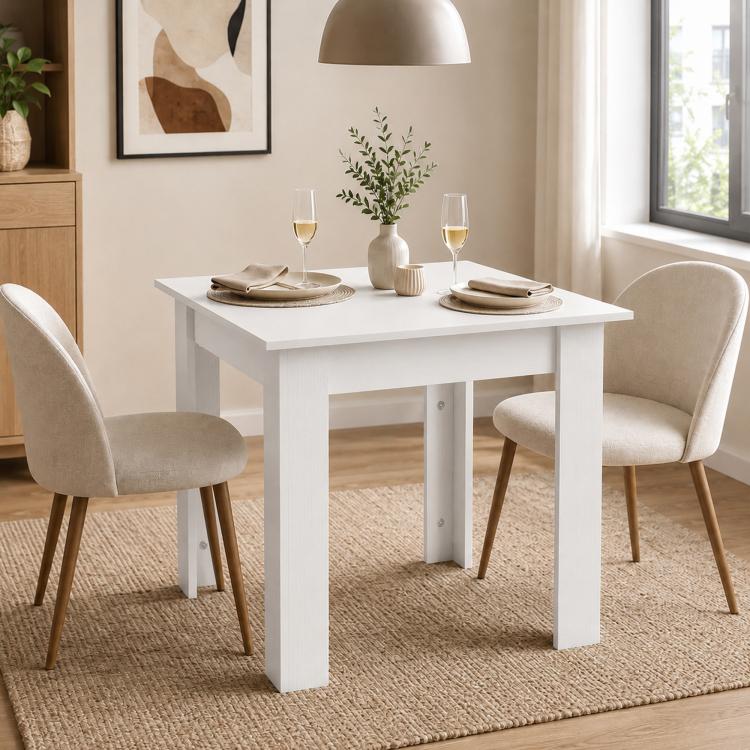 Square Dining Table, Modern Small Dining Table with Wood Effect, Space Saving, Non-slip Foot Pads, White