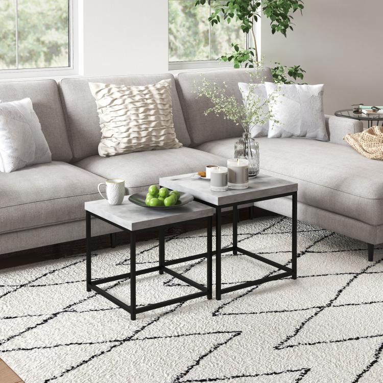 Coffee Table Set of 2, Nest of Tables with 3.5cm Thick Tabletop, Grey