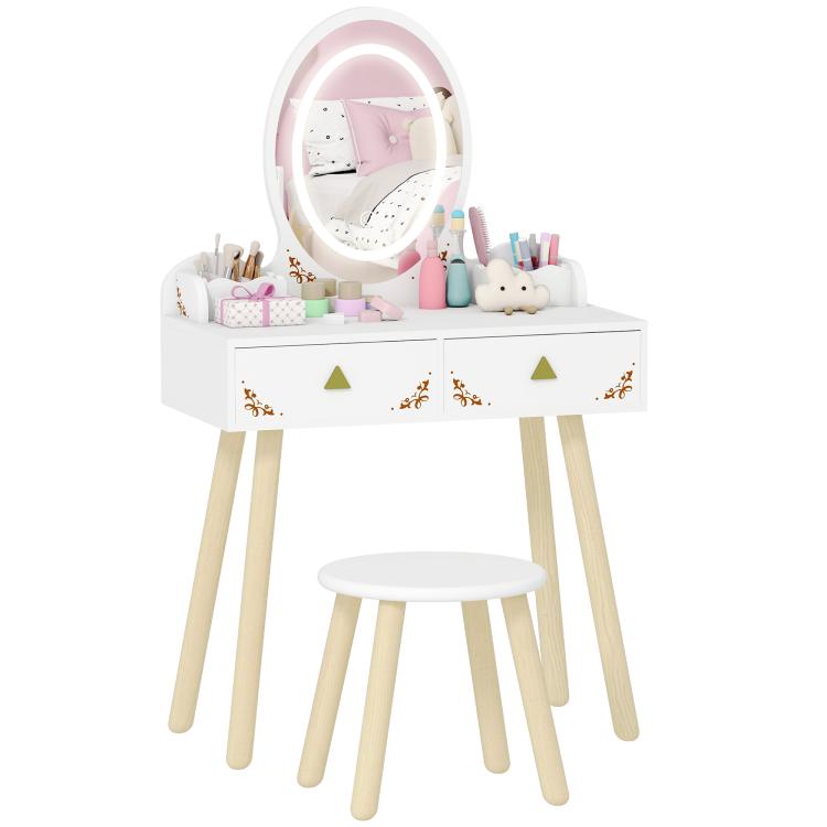 Kids Vanity Table and Chair Set with 3-Colour LED Lights Mirror, Drawer, Storage Boxes, for 3+ Years, White