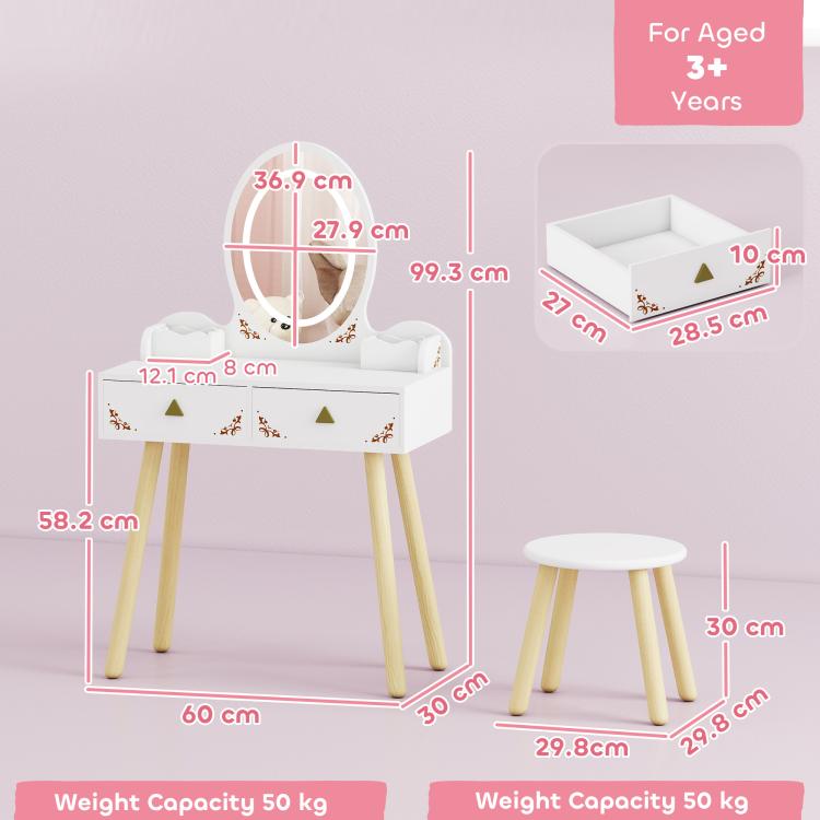 Kids Vanity Table and Chair Set with 3-Colour LED Lights Mirror, Drawer, Storage Boxes, for 3+ Years, White