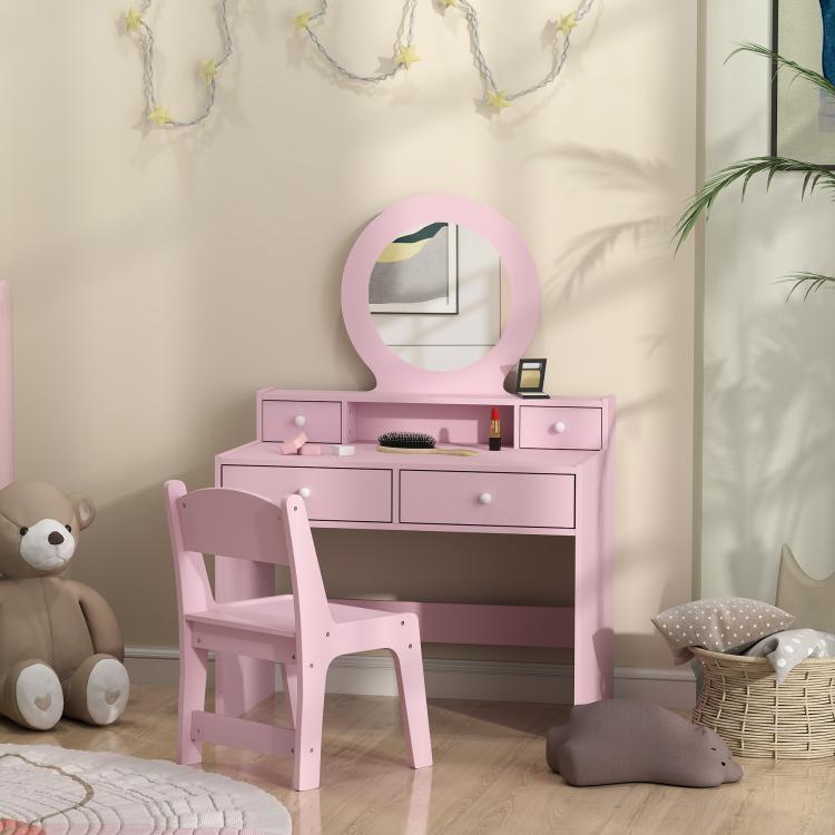 Kids Dressing Table Set Kids Make up Table with Stool and Mirror, Storage Drawers, Gift for Aged 3-8
