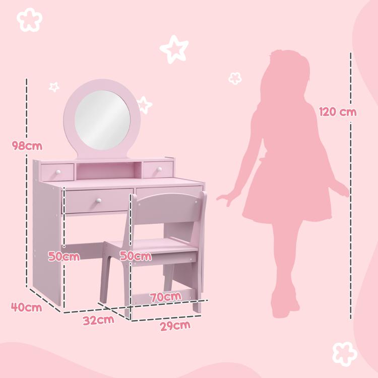 Kids Dressing Table Set Kids Make up Table with Stool and Mirror, Storage Drawers, Gift for Aged 3-8