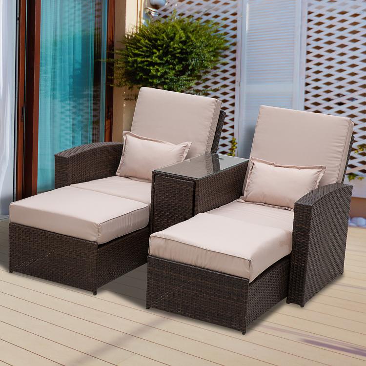 2-Seater Rattan Sofa Lounger Set-Brown