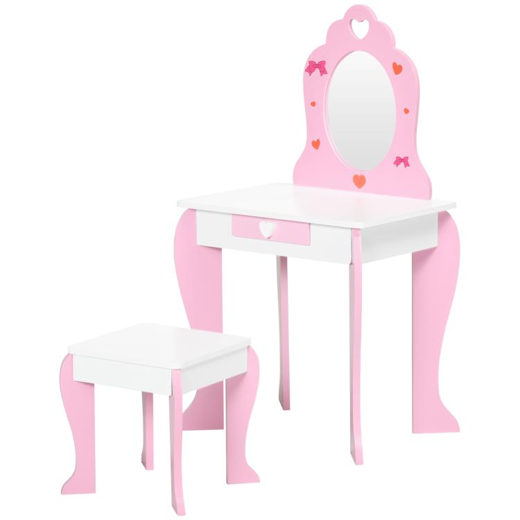 Kids Dressing table Set w/ Mirror, Stool, Drawer, Cute Patterns, for Ages 3-6 Years - Pink