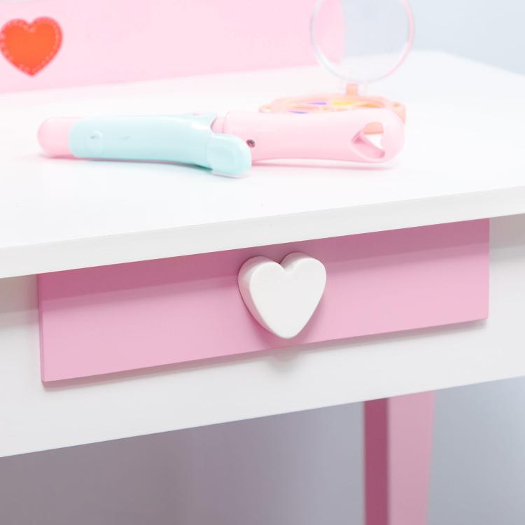 Kids Dressing table Set w/ Mirror, Stool, Drawer, Cute Patterns, for Ages 3-6 Years - Pink