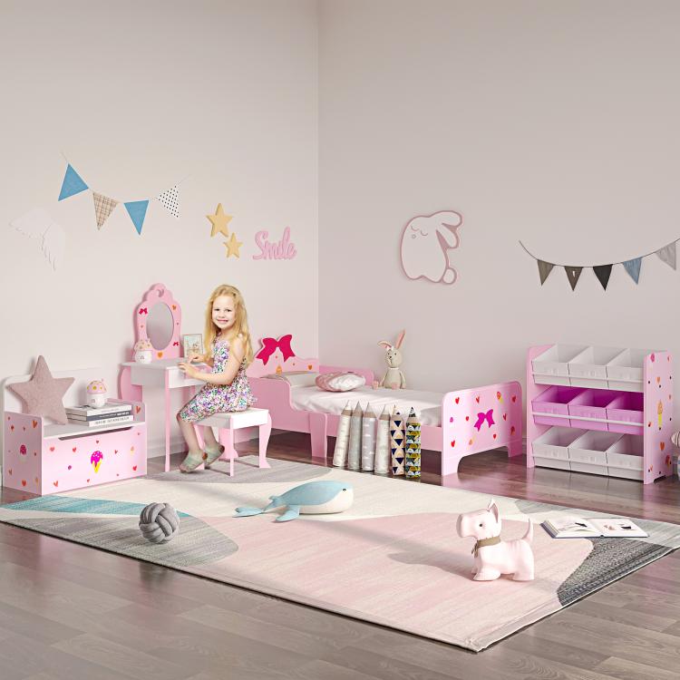 Kids Dressing table Set w/ Mirror, Stool, Drawer, Cute Patterns, for Ages 3-6 Years - Pink