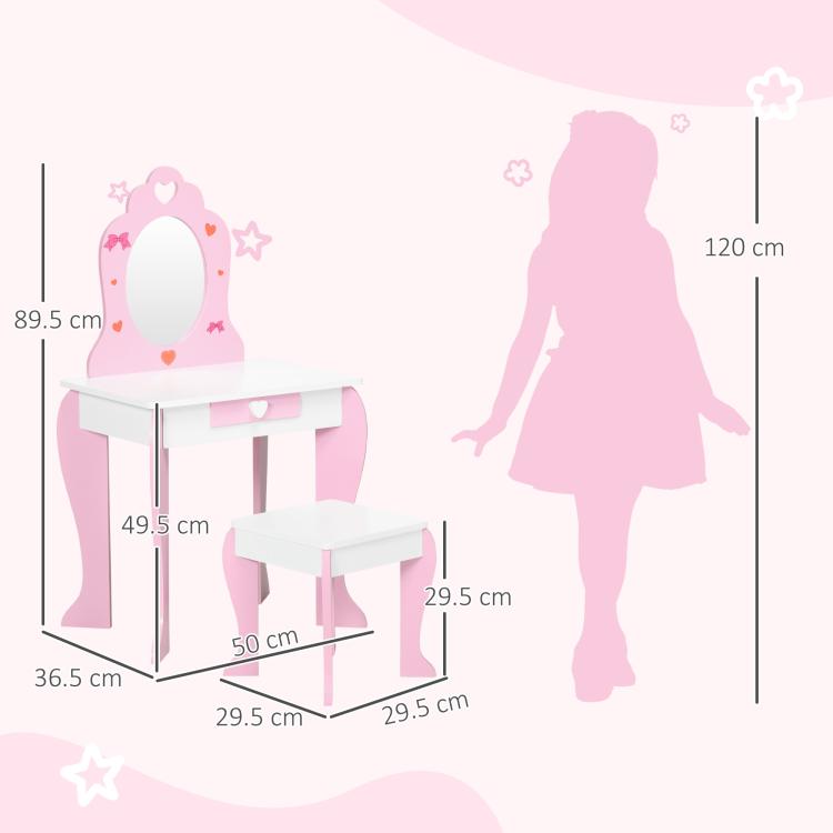 Kids Dressing table Set w/ Mirror, Stool, Drawer, Cute Patterns, for Ages 3-6 Years - Pink