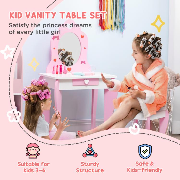 Kids Dressing table Set w/ Mirror, Stool, Drawer, Cute Patterns, for Ages 3-6 Years - Pink