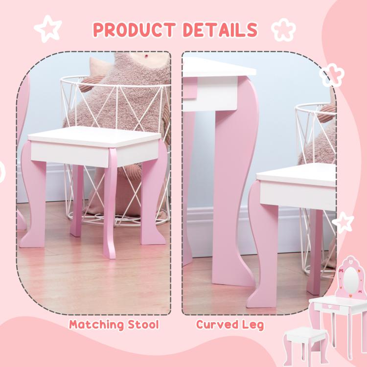 Kids Dressing table Set w/ Mirror, Stool, Drawer, Cute Patterns, for Ages 3-6 Years - Pink